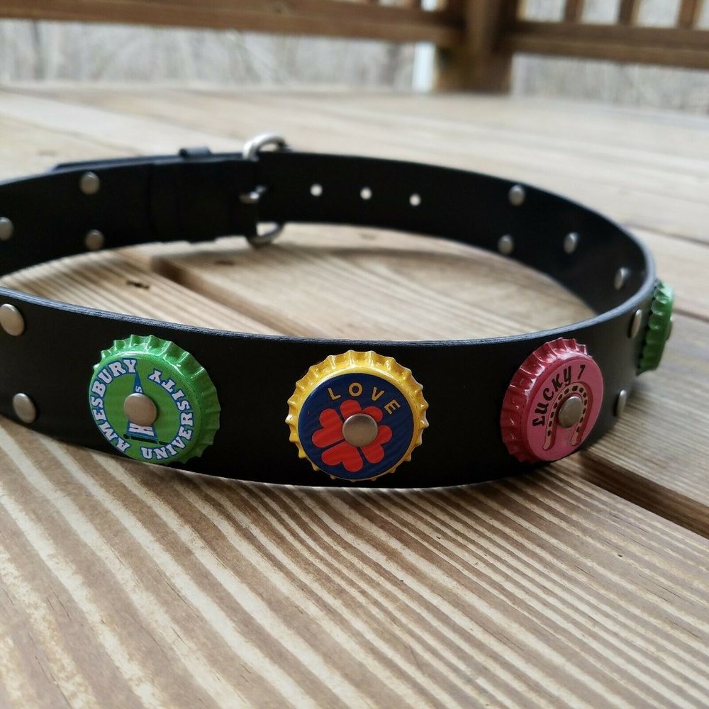 Womens Small Black Leather Belt Bottlecap Design